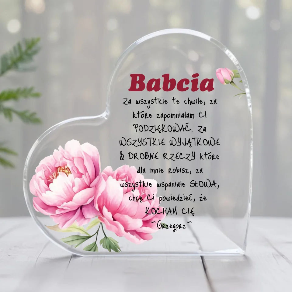 Szklane serce, spersonalizowany prezent dla Babci- Kwiaty Babcia