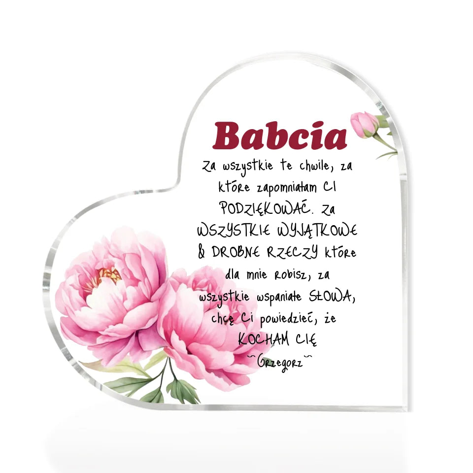 Szklane serce, spersonalizowany prezent dla Babci- Kwiaty Babcia
