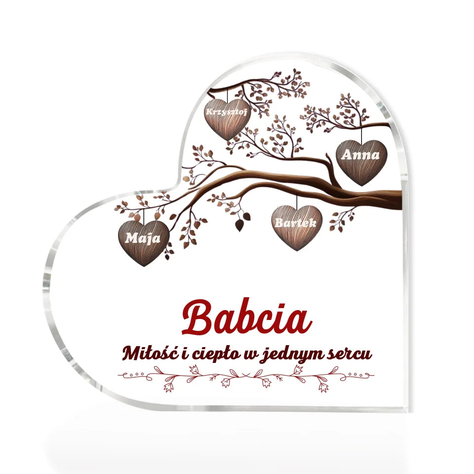 Szklane serce, spersonalizowany prezent dla Babci- Drzewo Rodzinę