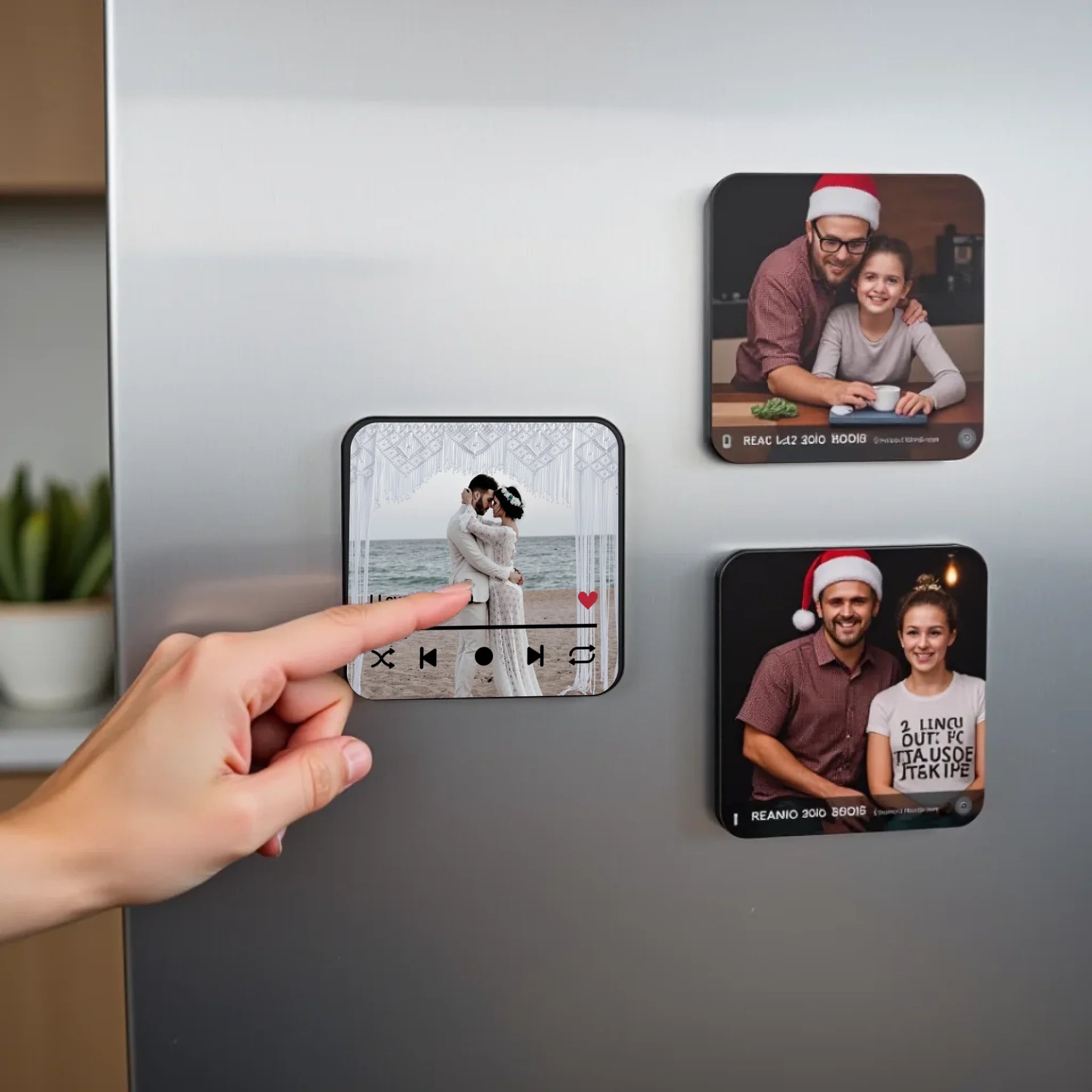 create_a_photorealistic_image_of_three_square_refrigerator_magnets_arranged_on_a_stainless_steel_re_ycnvhztzwdiyuxj1d0wk_0