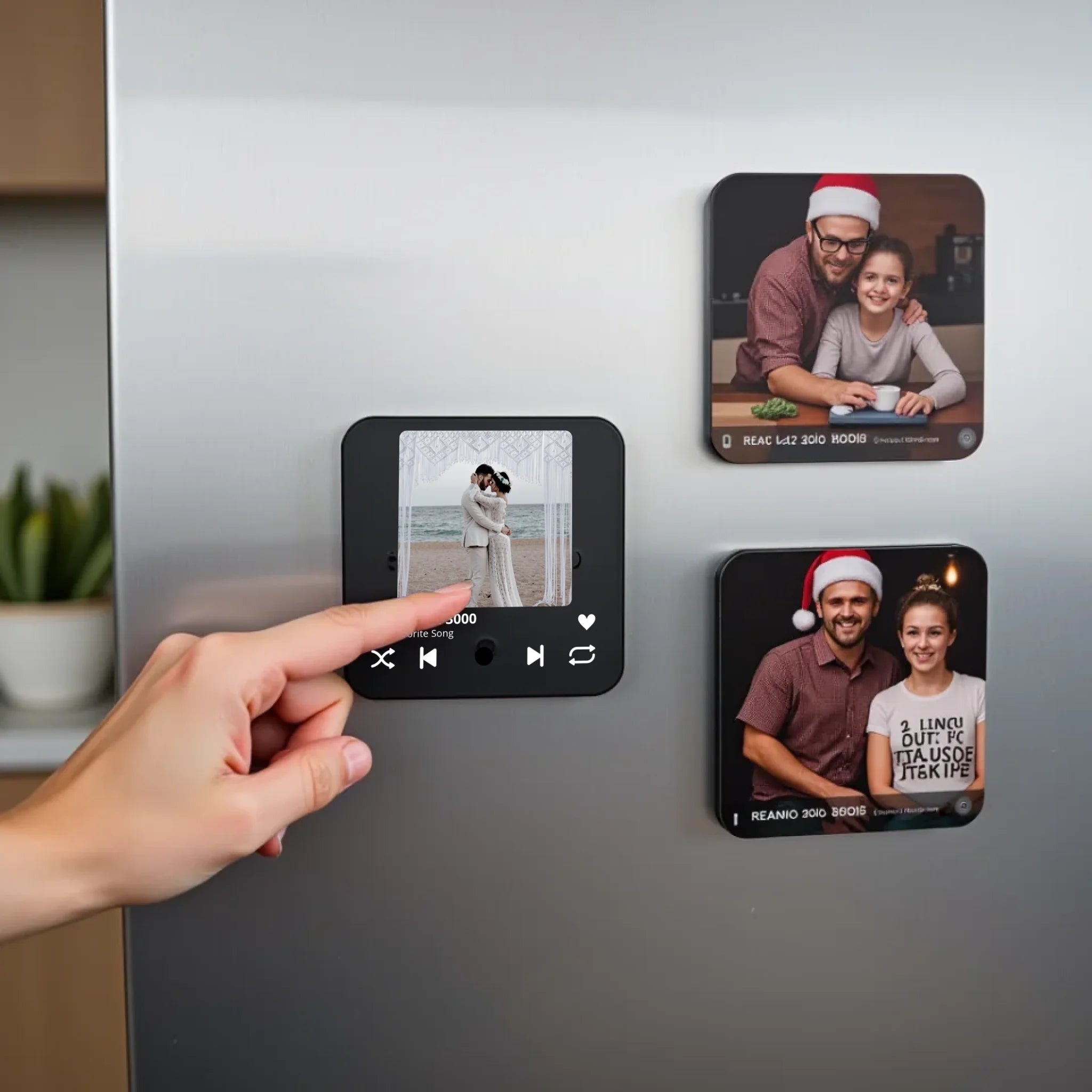 create_a_photorealistic_image_of_three_square_refrigerator_magnets_arranged_on_a_stainless_steel_re_ycnvhztzwdiyuxj1d0wk_0
