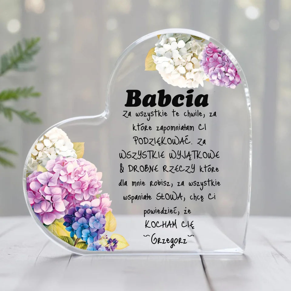 Szklane serce, spersonalizowany prezent dla Babci- Kwiaty Babcia 2