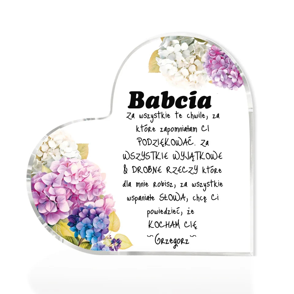 Szklane serce, spersonalizowany prezent dla Babci- Kwiaty Babcia 2