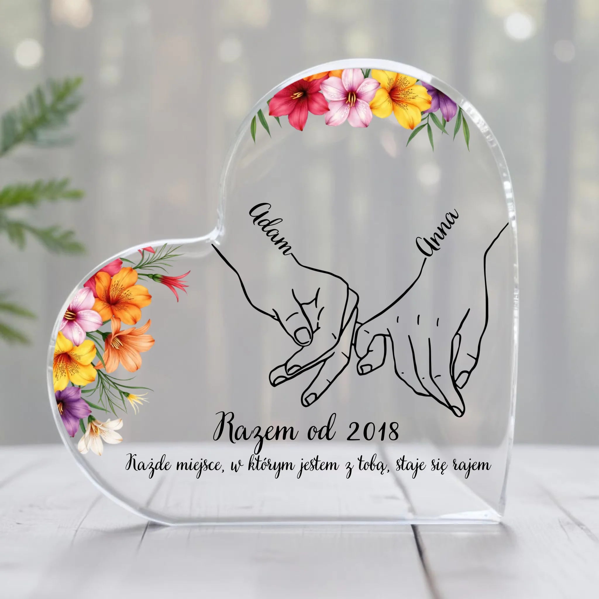 Together from + flowers - Glass heart, personalized gift for a couple 