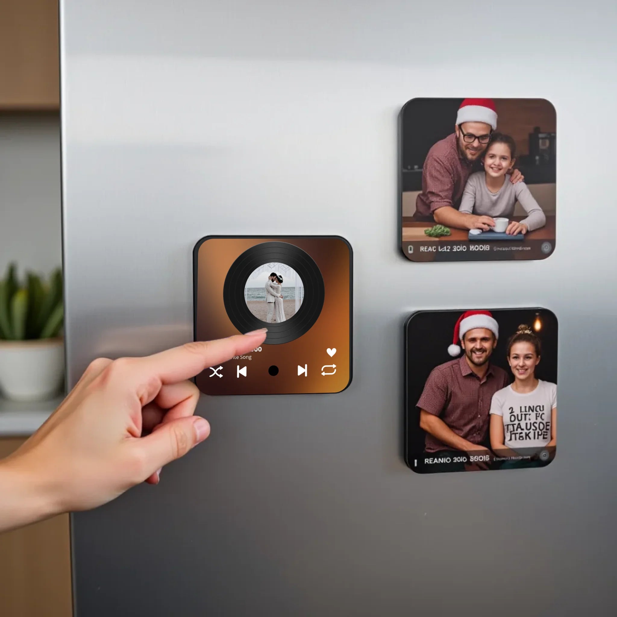 create_a_photorealistic_image_of_three_square_refrigerator_magnets_arranged_on_a_stainless_steel_re_ycnvhztzwdiyuxj1d0wk_0