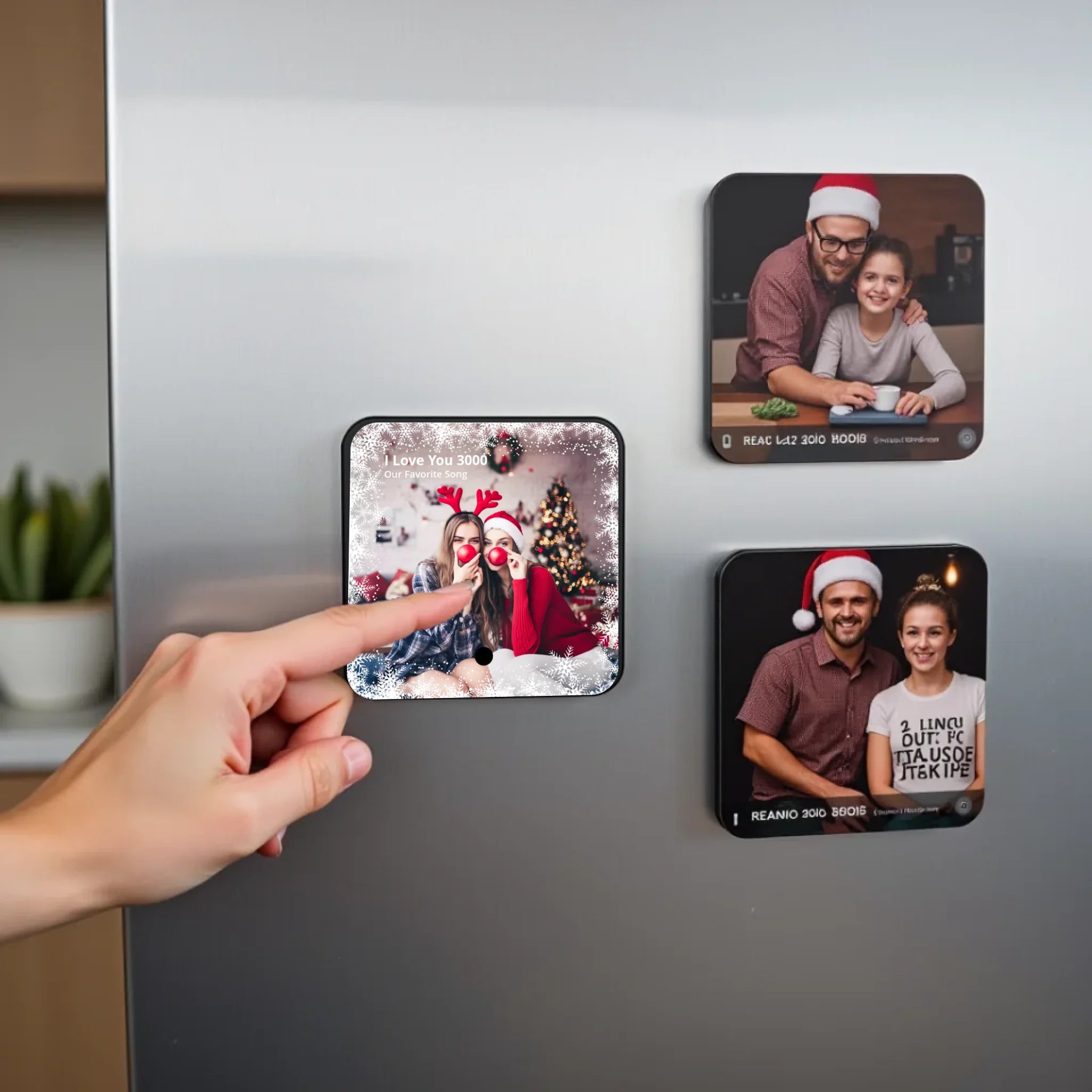 create_a_photorealistic_image_of_three_square_refrigerator_magnets_arranged_on_a_stainless_steel_re_ycnvhztzwdiyuxj1d0wk_0